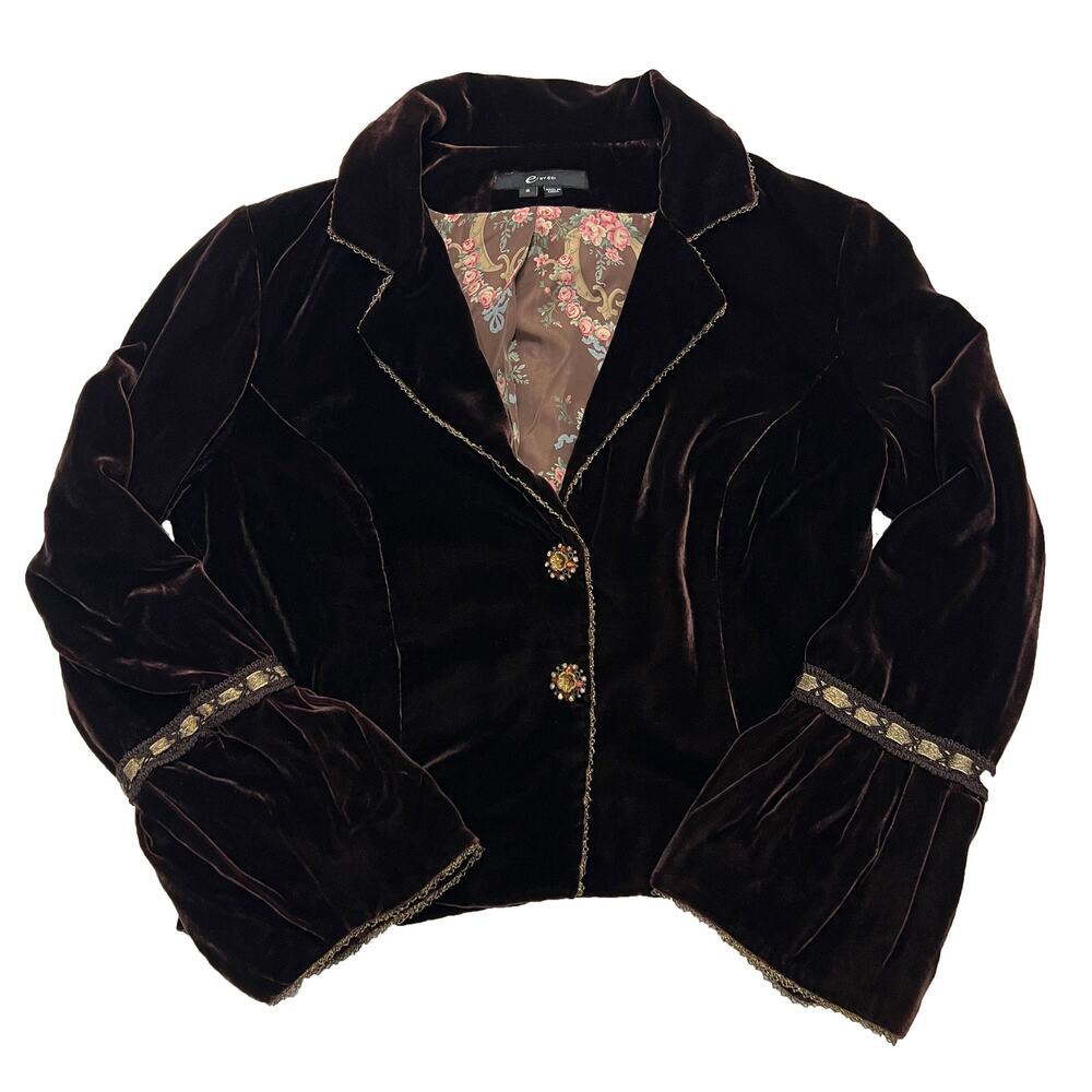 90s Vintage Velvet Jacket Womens 8 e by eci  Brown Floral Lined Whimsigoth Dark